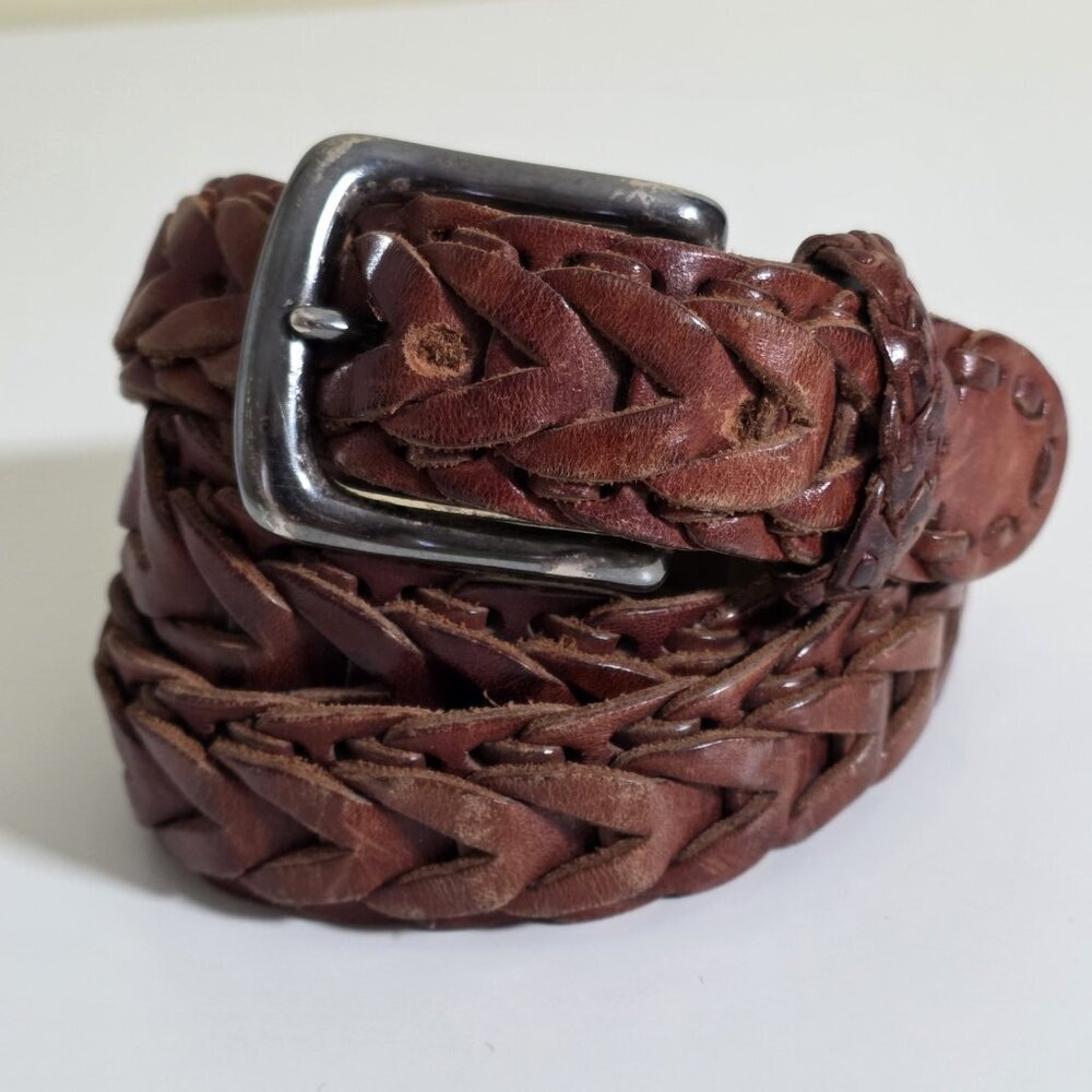 Brown Braided Genuine Leather Belt Sz 30 Mens Unisex Silver Tone Buckle Casual